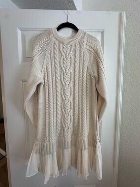 Anthropologie Cable Knit Sweater Dress Pleated Hem Ivory Small Boho Cozy